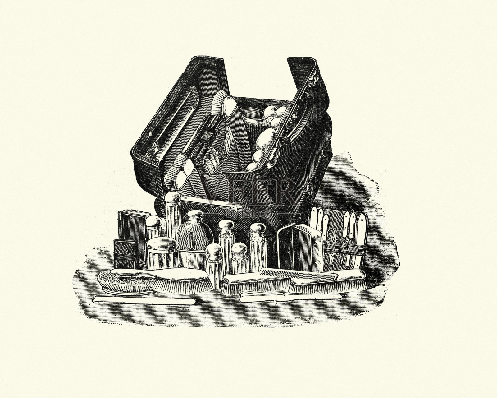 维多利亚时代绅士的旅行袋，19世纪插画图片素材