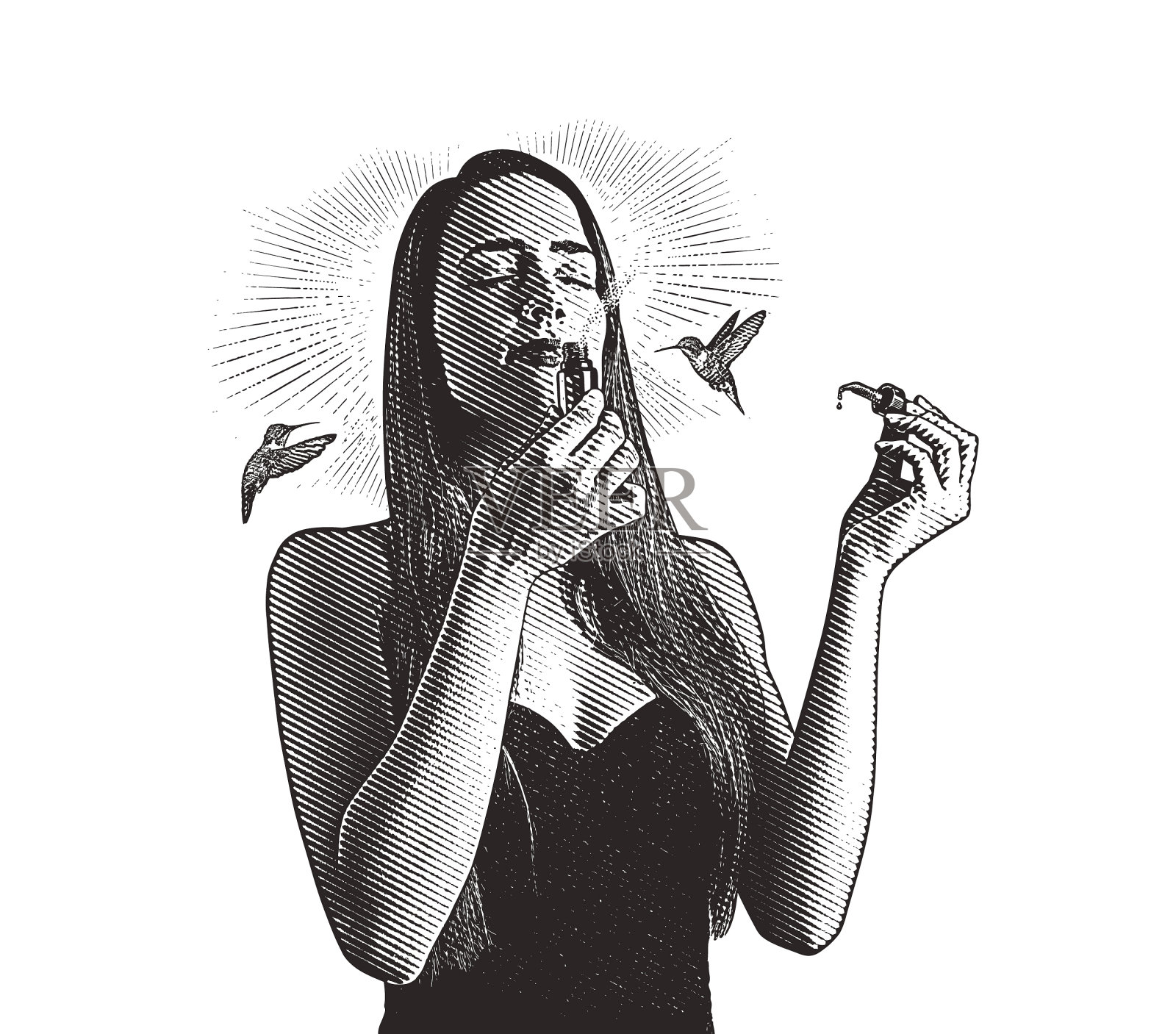 多次暴露在蜂鸟气味的年轻女性精油插画图片素材