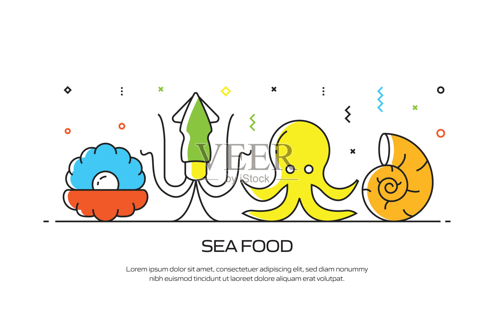 海食品相关的线风格横幅设计网页，标题，小册子，年度报告和书的封面插画图片素材