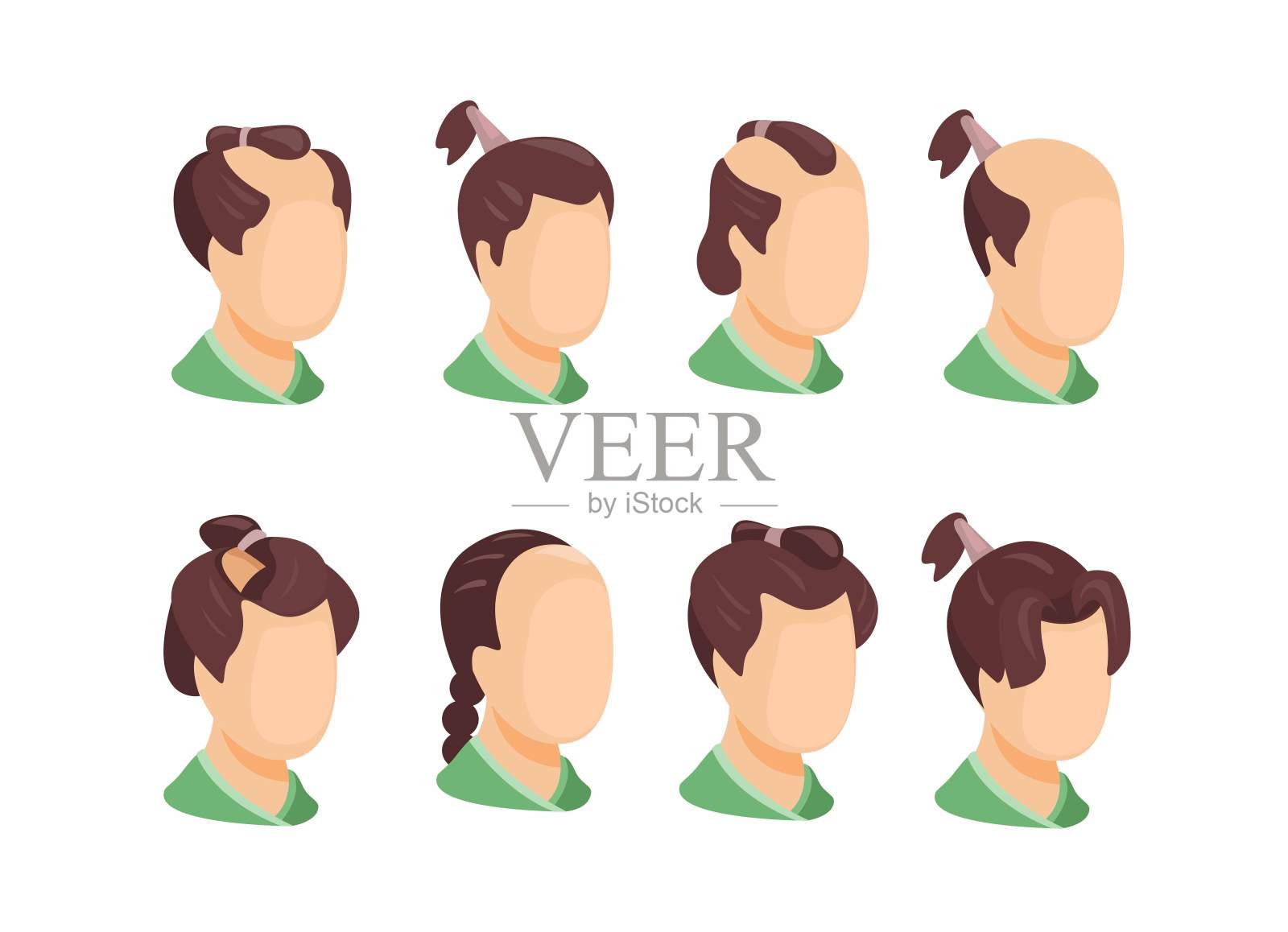 日本男性古典发型集。武士头像卡通插图矢量插画图片素材