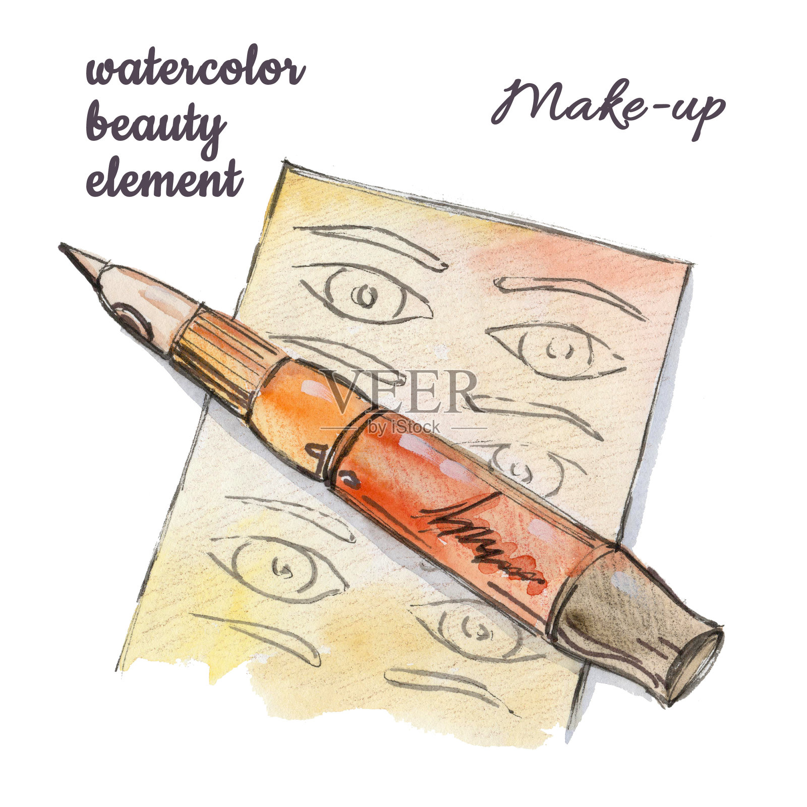 酷水彩永久彩妆机和皮肤上的白色背景插画图片素材
