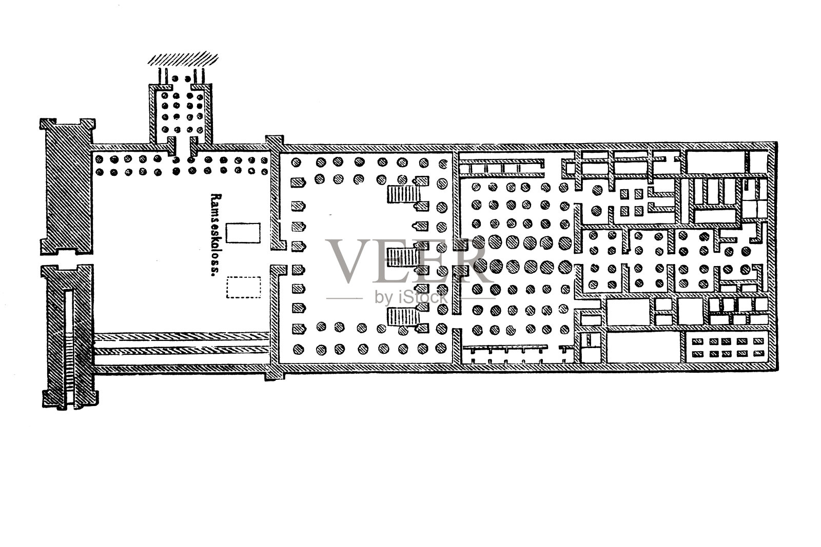 拉美西斯二世祭庙及平面图：位于上埃及底比斯墓地，尼罗河对岸的卢克索插画图片素材