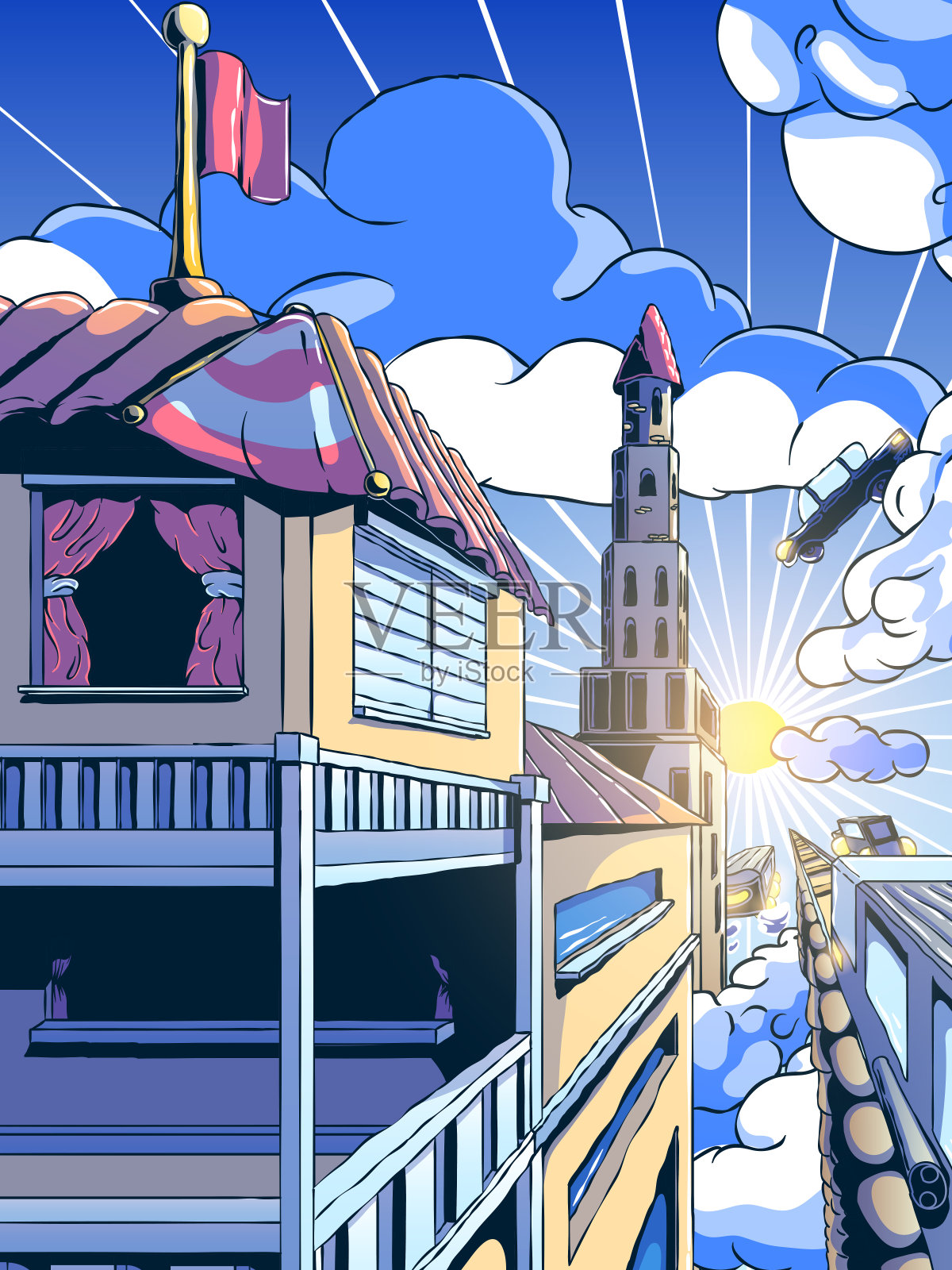 手绘幻想城市景观插图-城市在云。插画图片素材