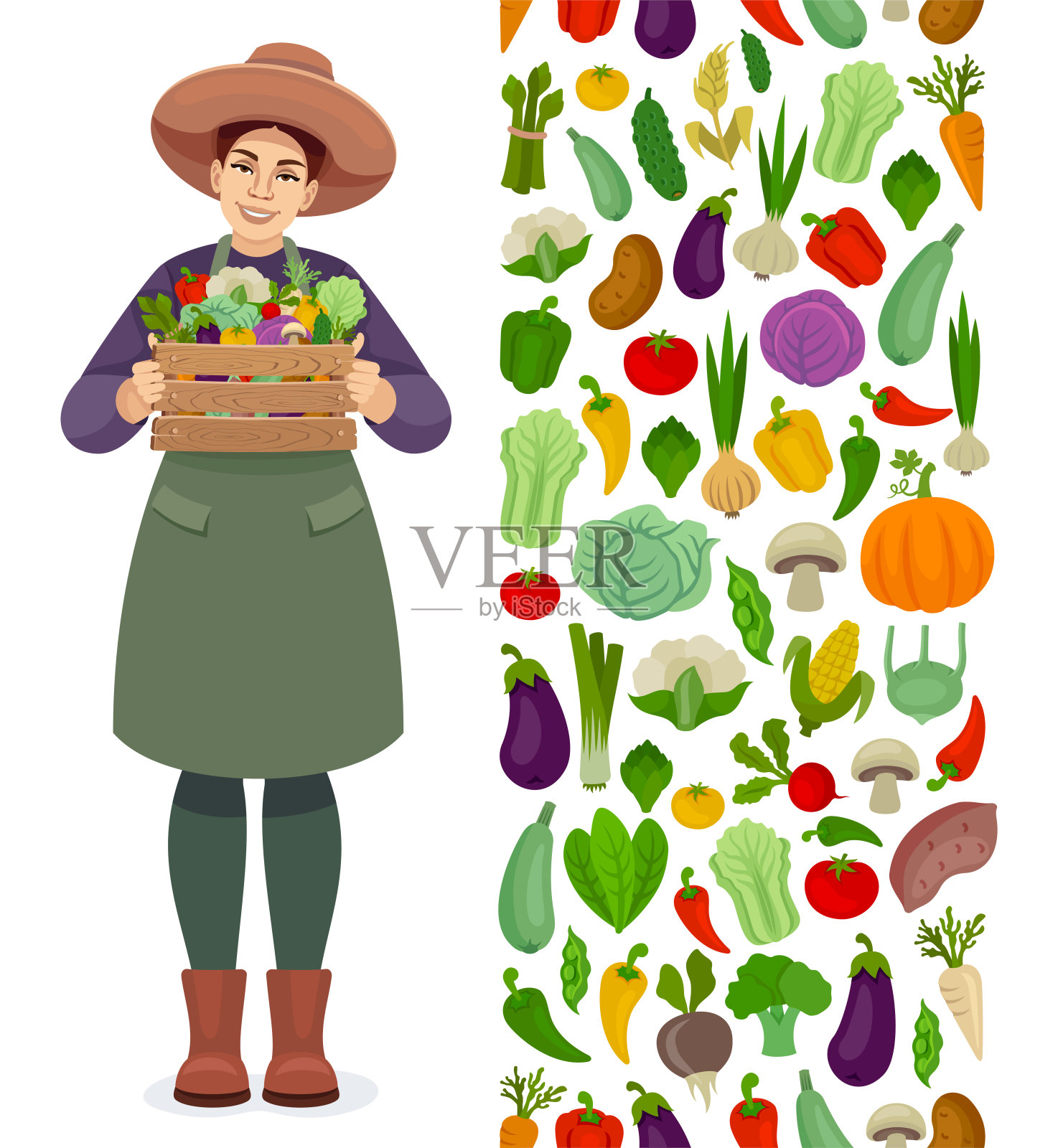 秋天的收获。漂亮女园丁。有机食品。蔬菜。插画图片素材