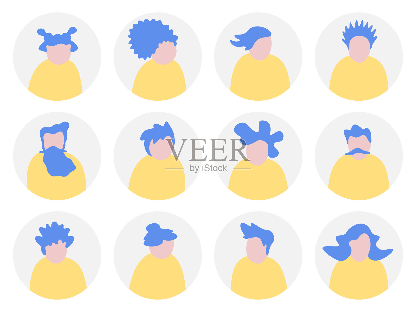 Avatar抽象现代人物圆形图标集-社交网络的轮廓多样化的脸-矢量插图插画图片素材