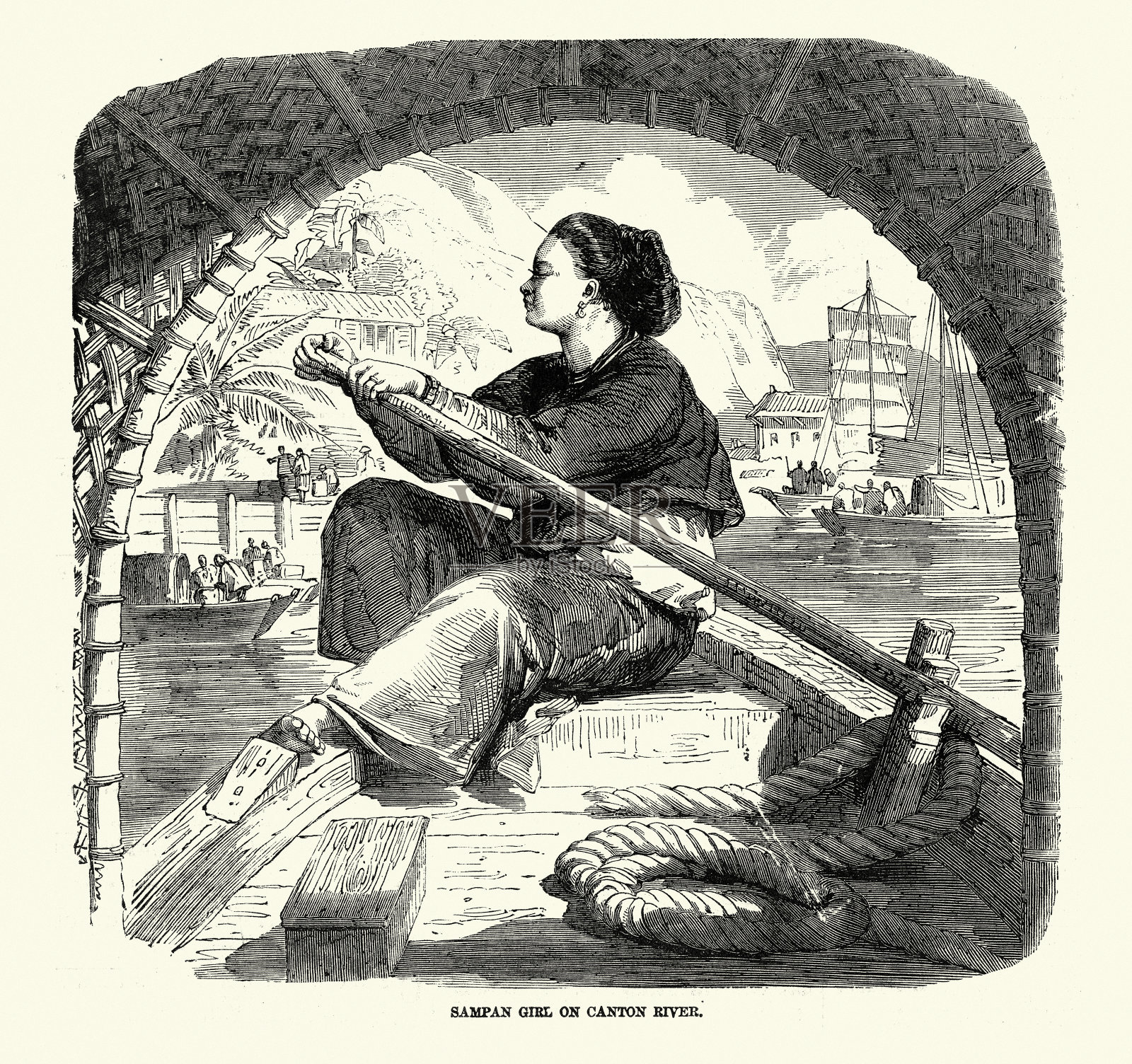 中国的舢板女孩在广州河上，19世纪，19世纪插画图片素材