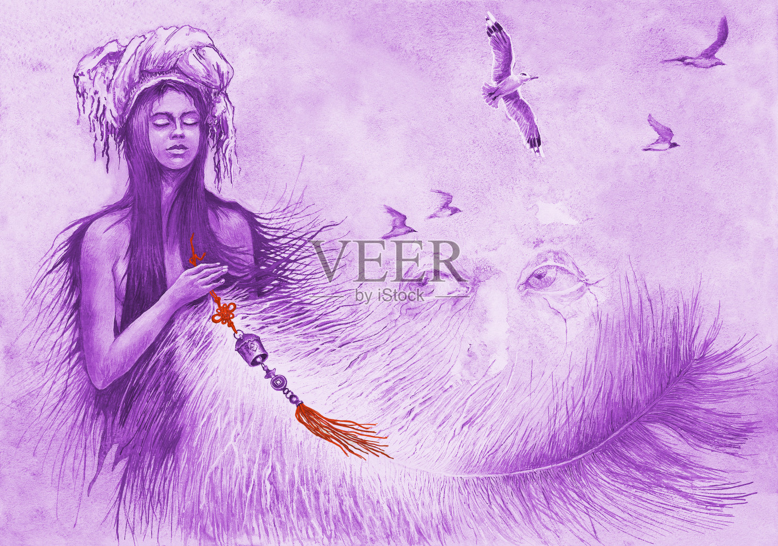 插图水彩画的女人在一个东方头巾与风铃飞自由海鸥大鸟羽毛的背景傍晚蓝色的天空与多风的天气插画图片素材