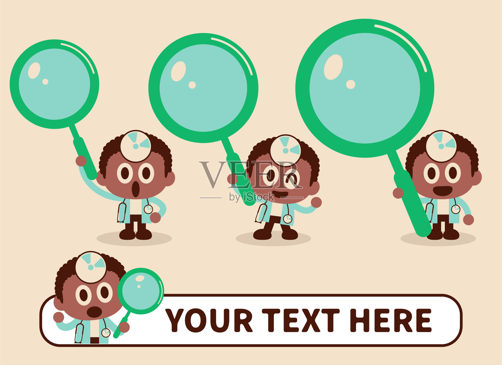 可爱的医生戴着凹面镜和听诊器拿着放大镜插画图片素材