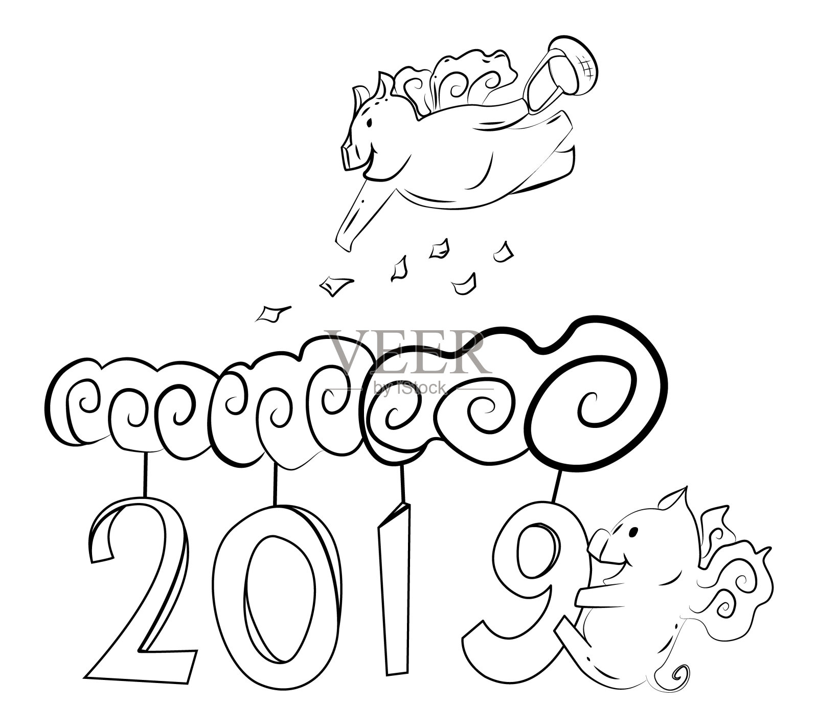 可爱的长着翅膀的猪在云中飞翔插画图片素材