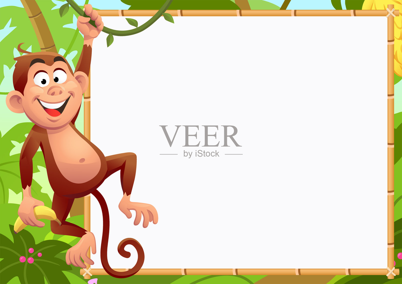 猴子在指示牌前荡秋千插画图片素材