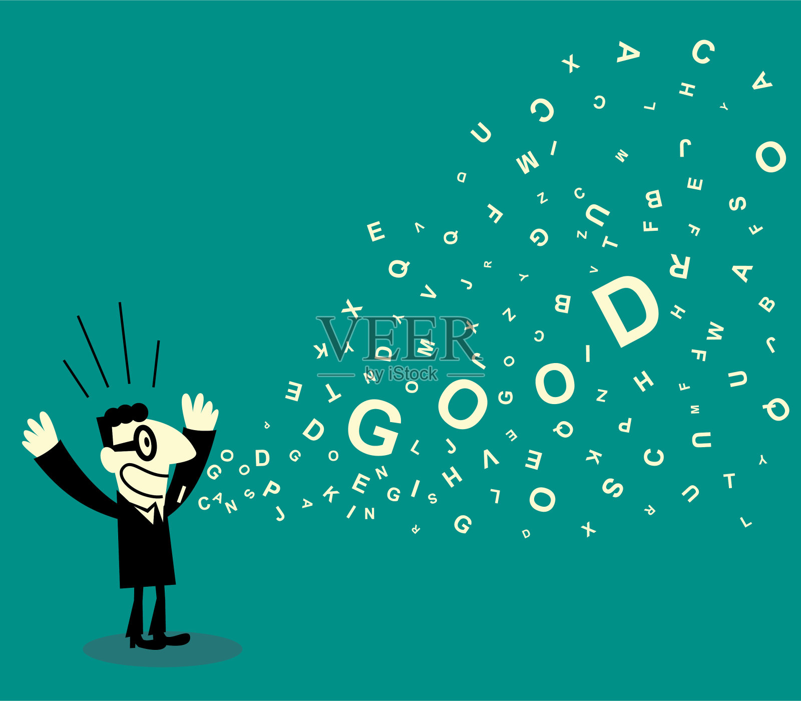 英文字母从微笑的商人张开的嘴巴里飞出来插画图片素材