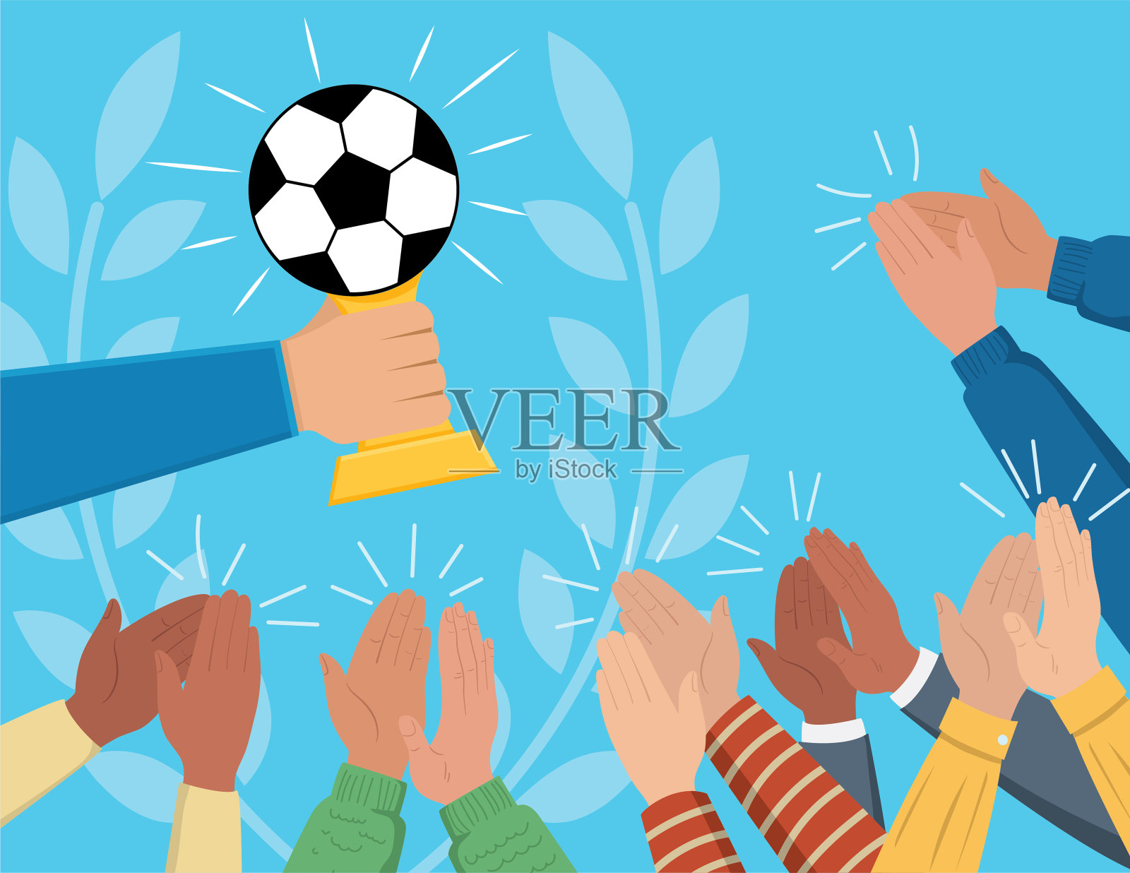 当人们鼓掌和欢呼时，手握胜利的足球奖杯插画图片素材