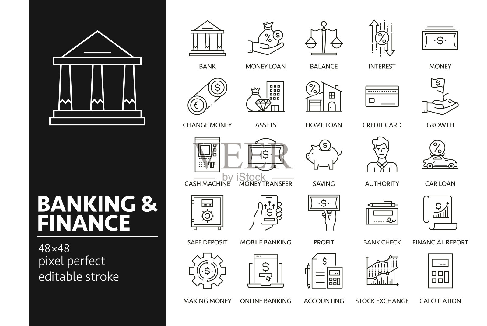 银行和金融矢量绘制图标在48px网格与1px笔画宽度。信息图形、移动和网络等。插画图片素材