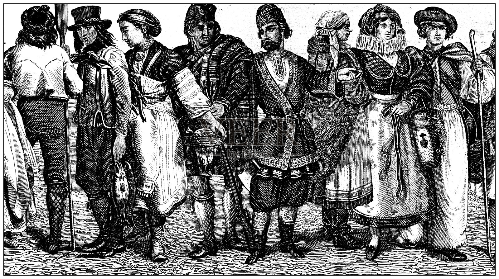 古董雕刻插画，文明:传统服装，挪威，芬兰，苏格兰，俄罗斯，匈牙利插画图片素材