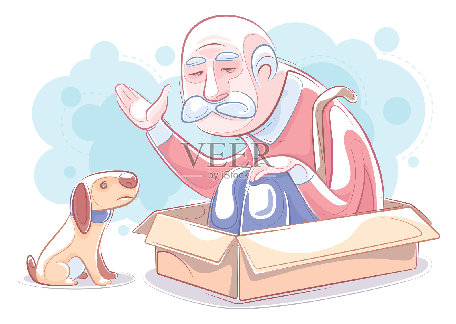 悲伤的老人坐在纸箱里挥手插画图片素材