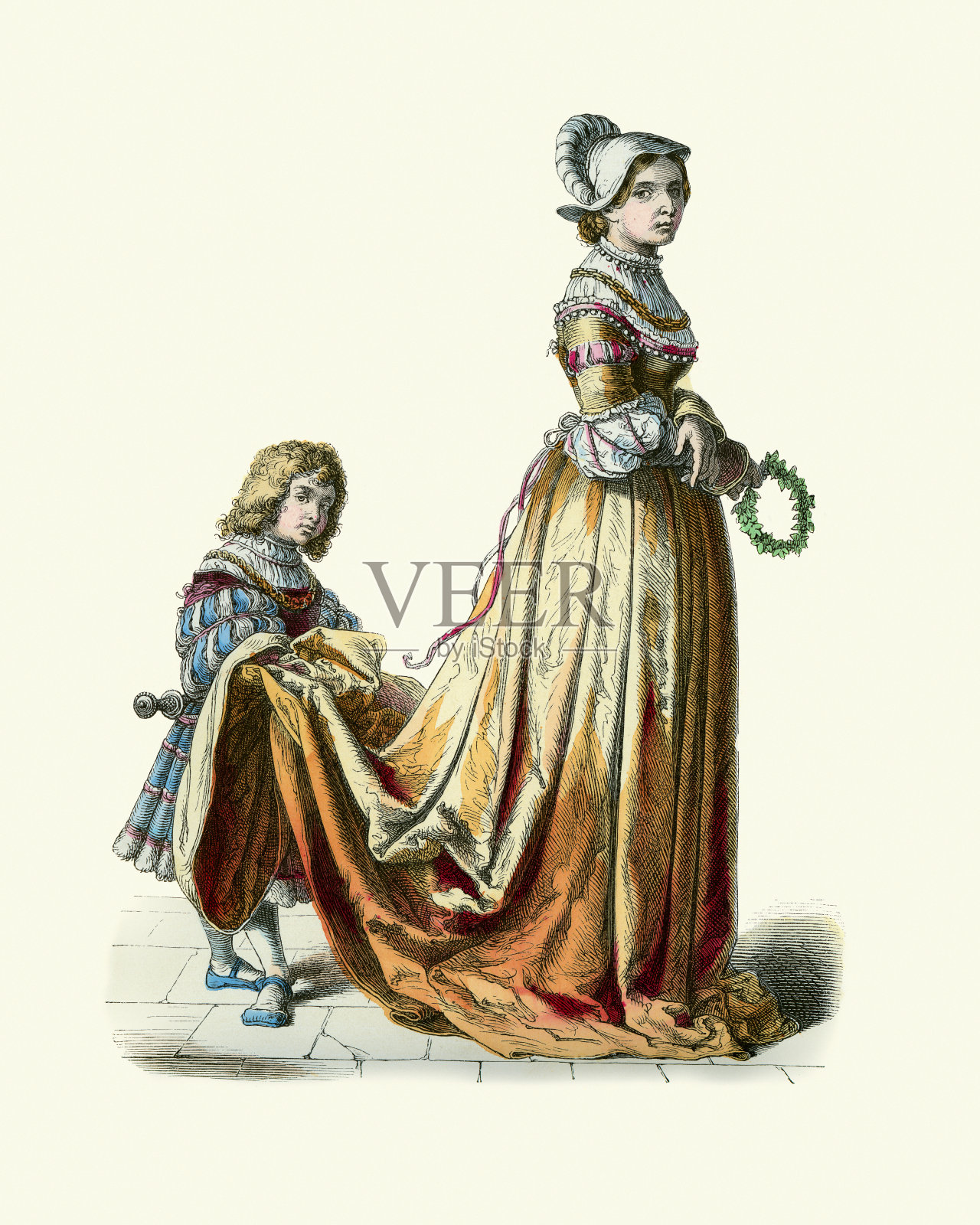 法国贵族，侍童，历史时尚，16世纪时期服装插画图片素材