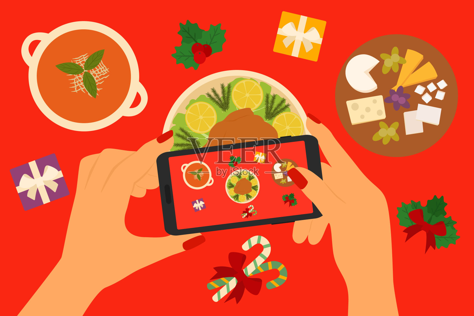 女人用手机拍圣诞晚餐的照片。高角度视角的桌子与烤火鸡，汤，奶酪板和圣诞装饰插画图片素材
