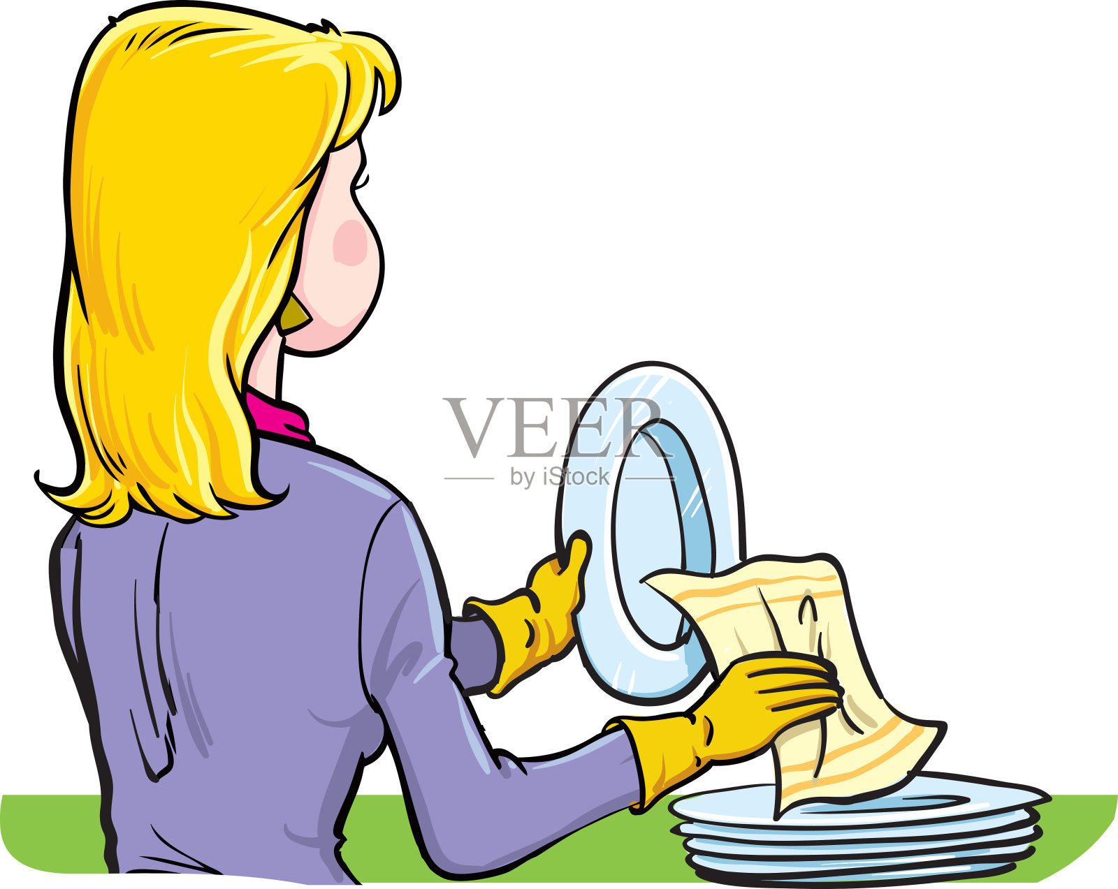 家庭主妇用毛巾擦盘子插画图片素材