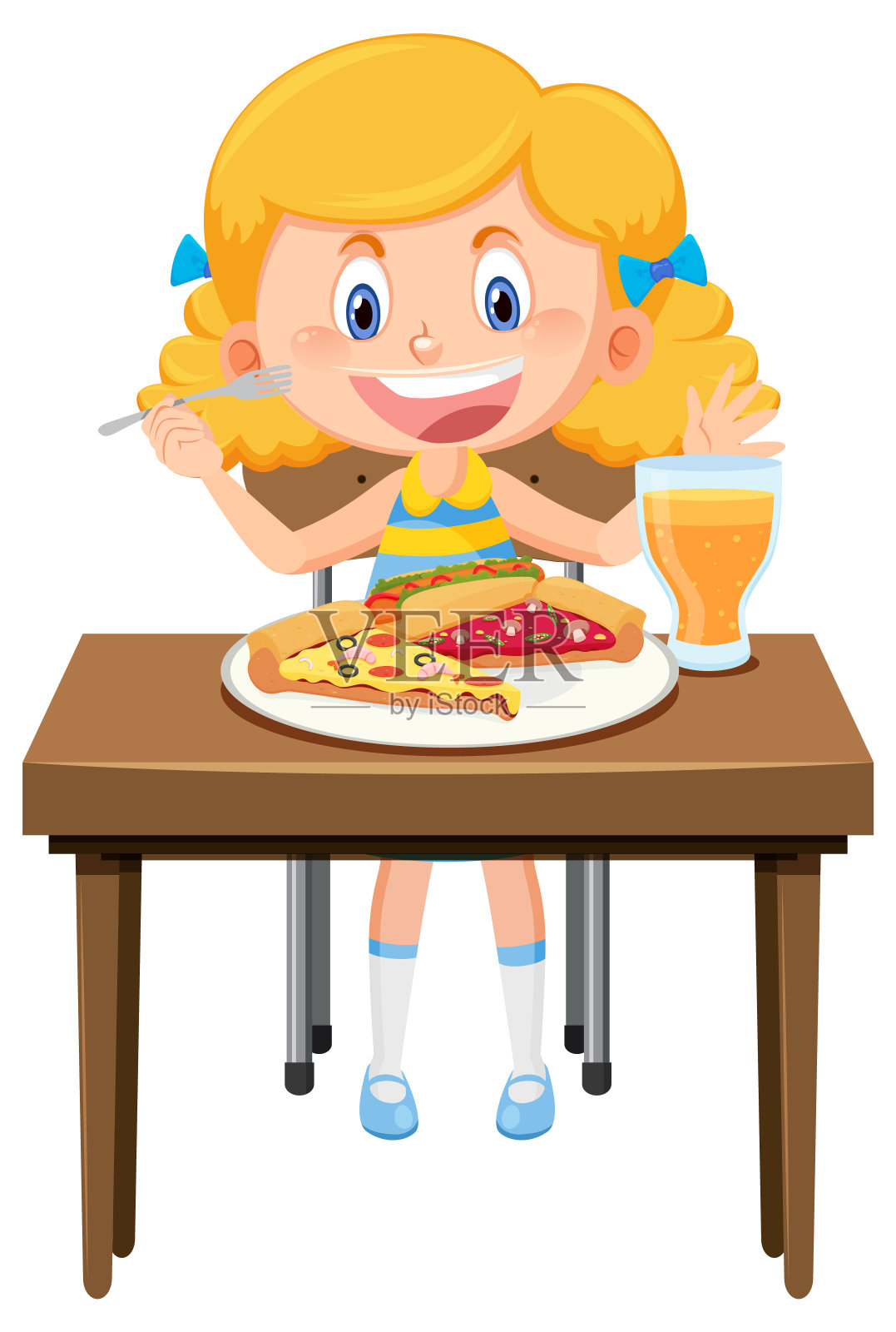 快乐女孩喜欢吃桌上的食物插画图片素材