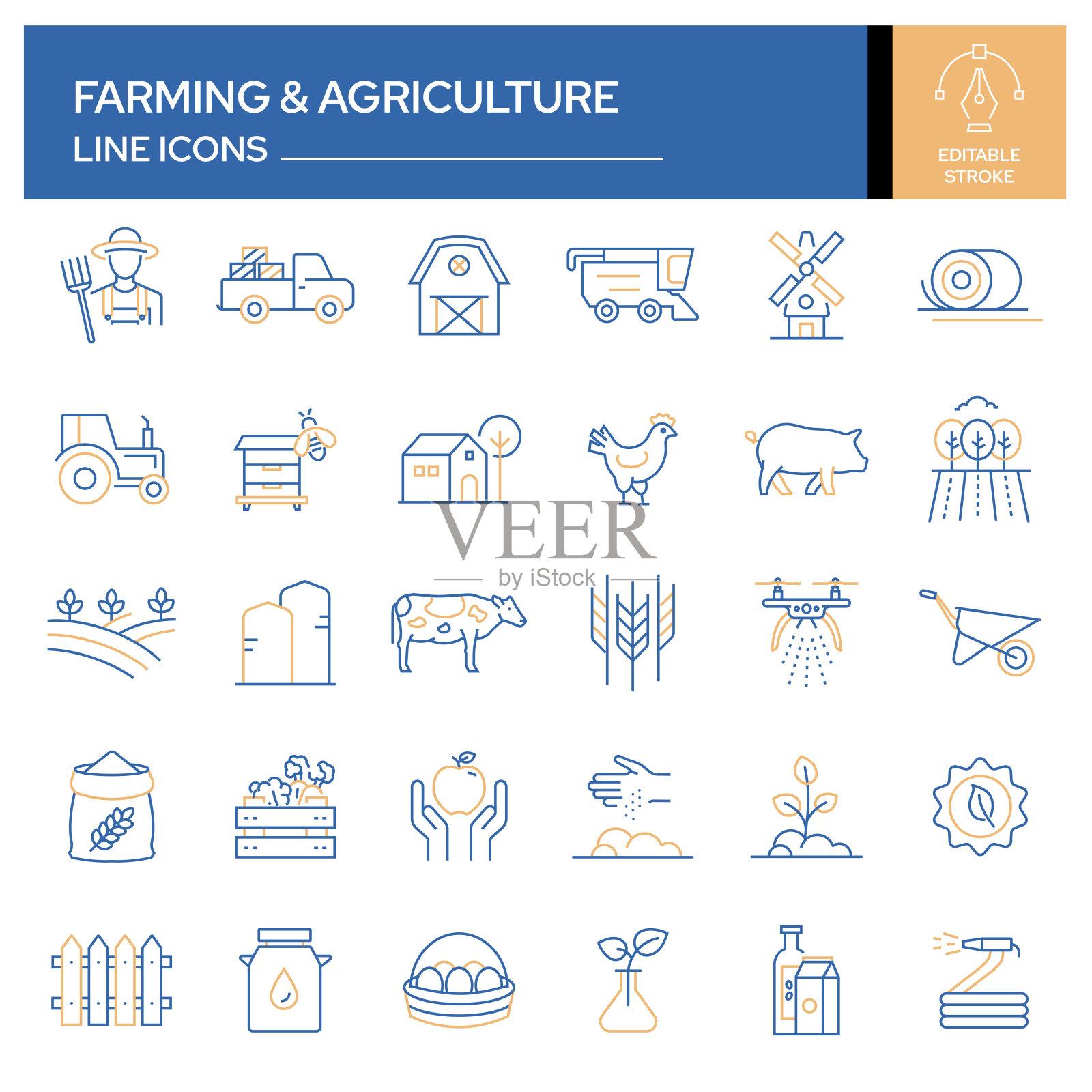 一套农业和农业相关的线图标。轮廓符号集合，可编辑的描边插画图片素材