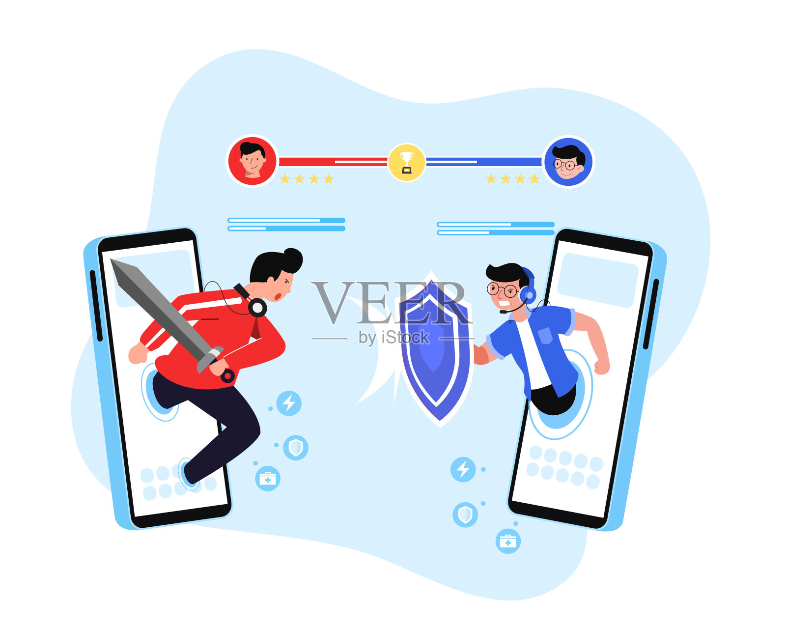 电子竞技比赛中电子竞技运动员比赛的蓝红队。插画图片素材