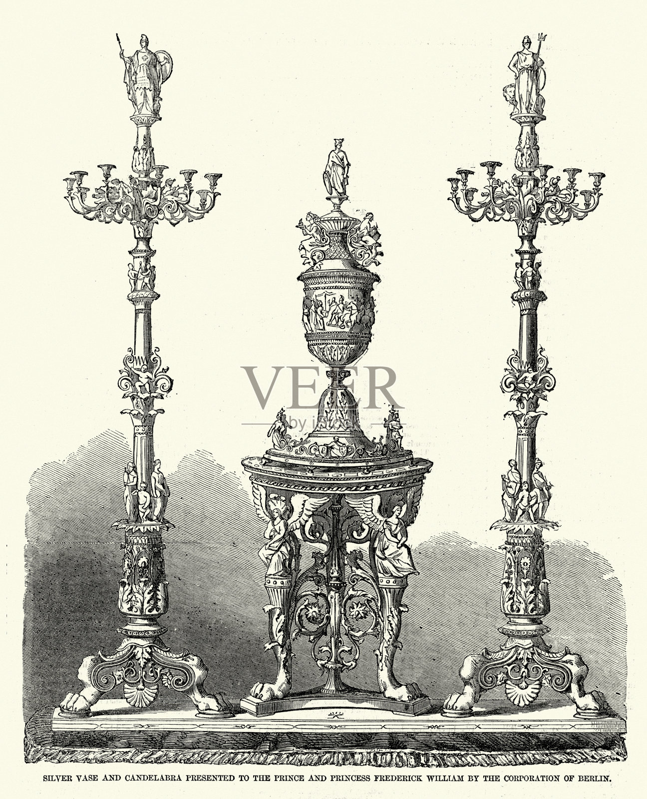 1858年，柏林公司送给弗雷德里克·威廉王子和公主(维多利亚，皇家公主)的银花瓶和大烛台插画图片素材