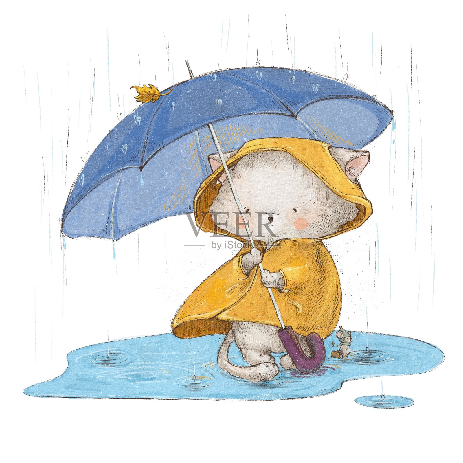 雨中可爱小猫的插图插画图片素材