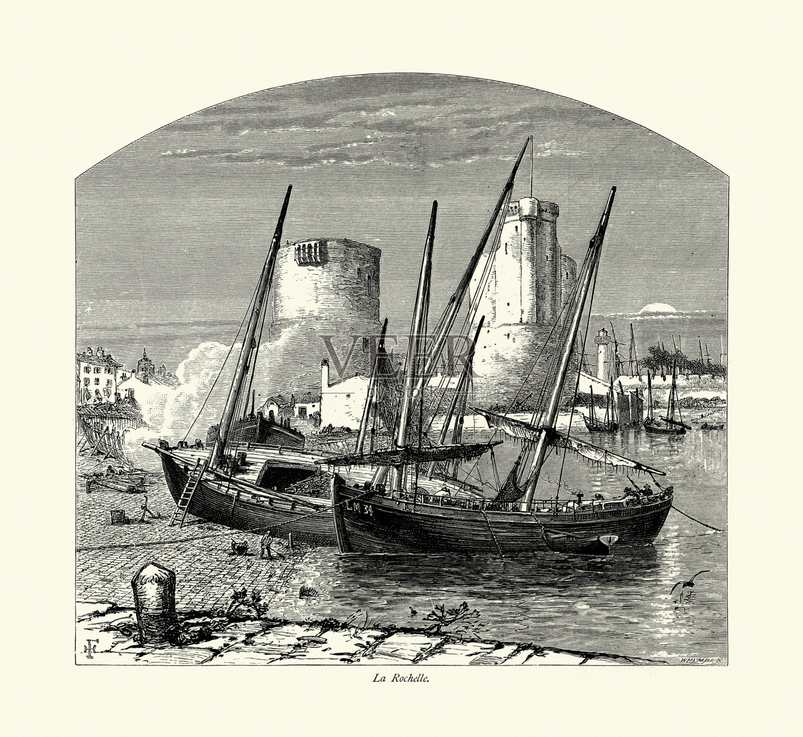 船只停靠在拉罗谢尔港口，法国，19世纪插画图片素材