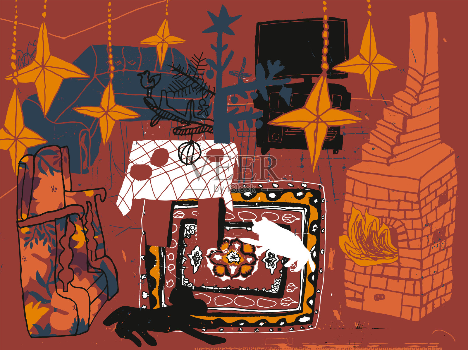 圣诞节时的客厅插画图片素材