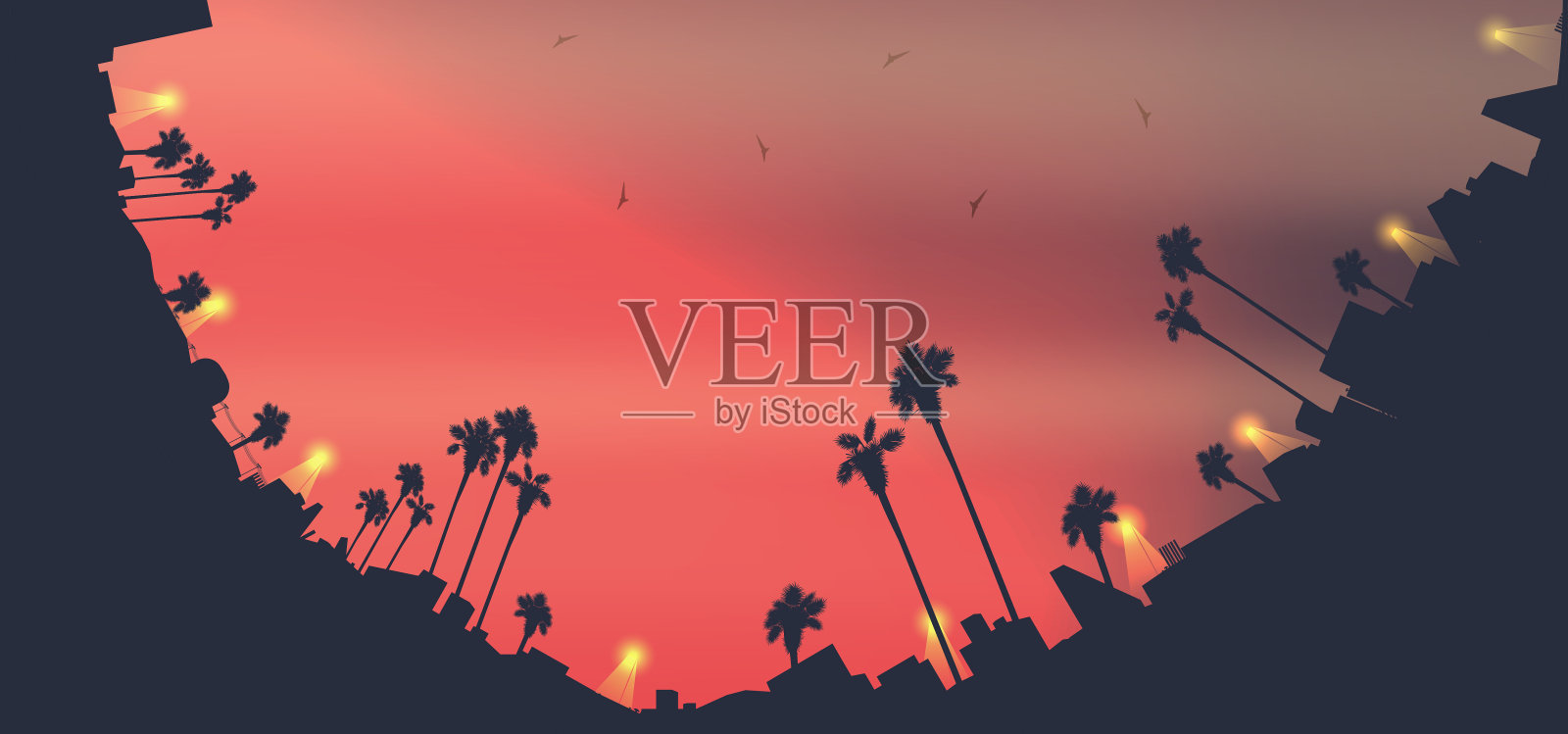 城市天际线在热带国家景观与棕榈树在晚上全景插画图片素材