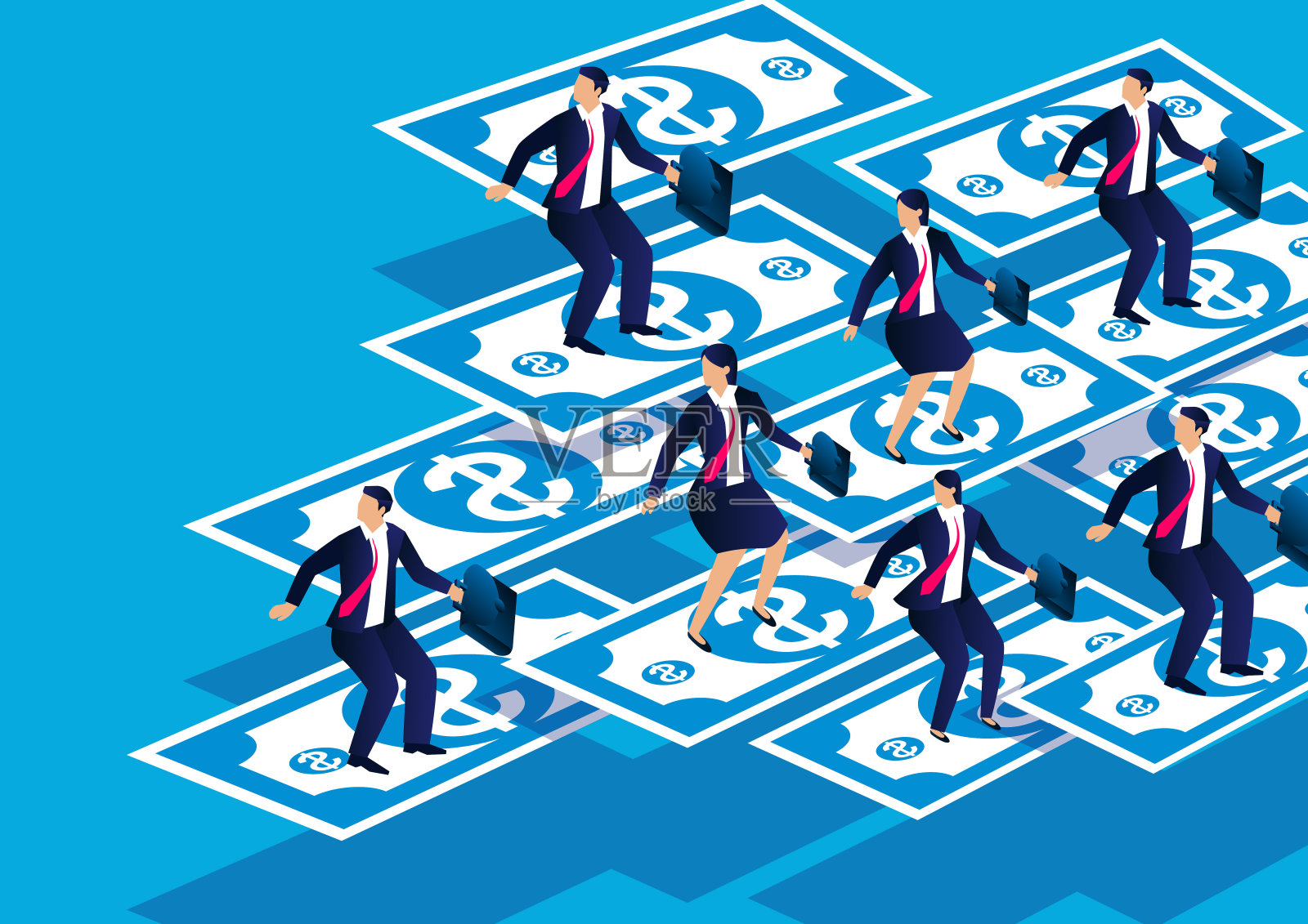 基于飞行资金的等距商业团队插画图片素材