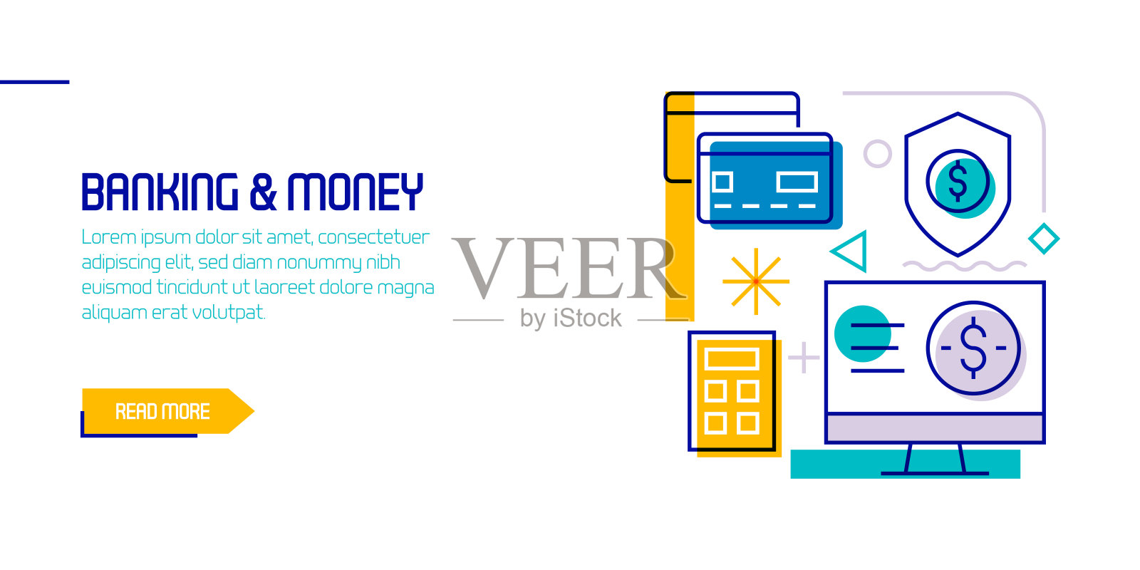 银行和货币相关的设计元素。带有轮廓图标的图案设计。色彩斑斓的矢量图插画图片素材