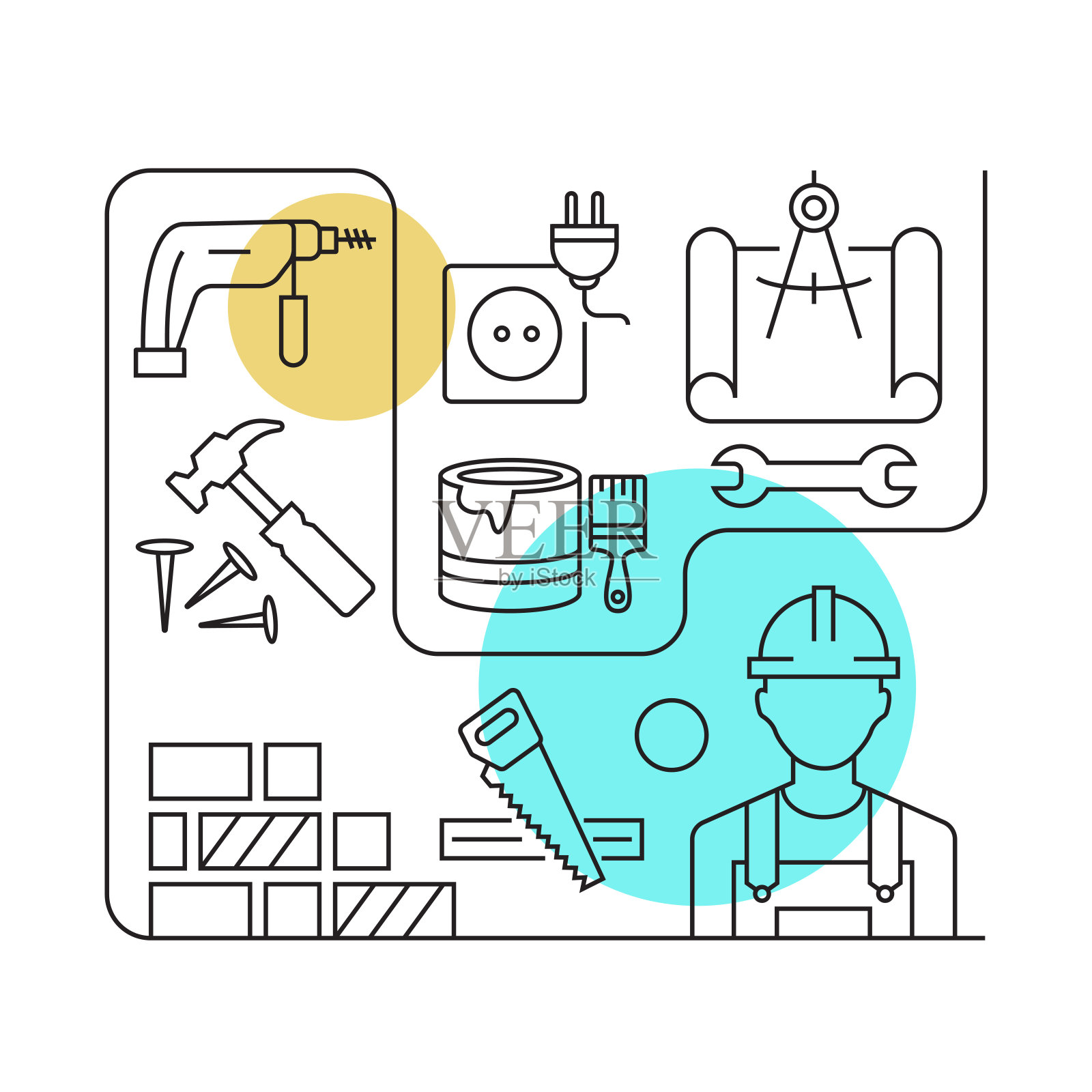 家庭装修相关矢量横幅设计概念，现代线条风格与图标插画图片素材