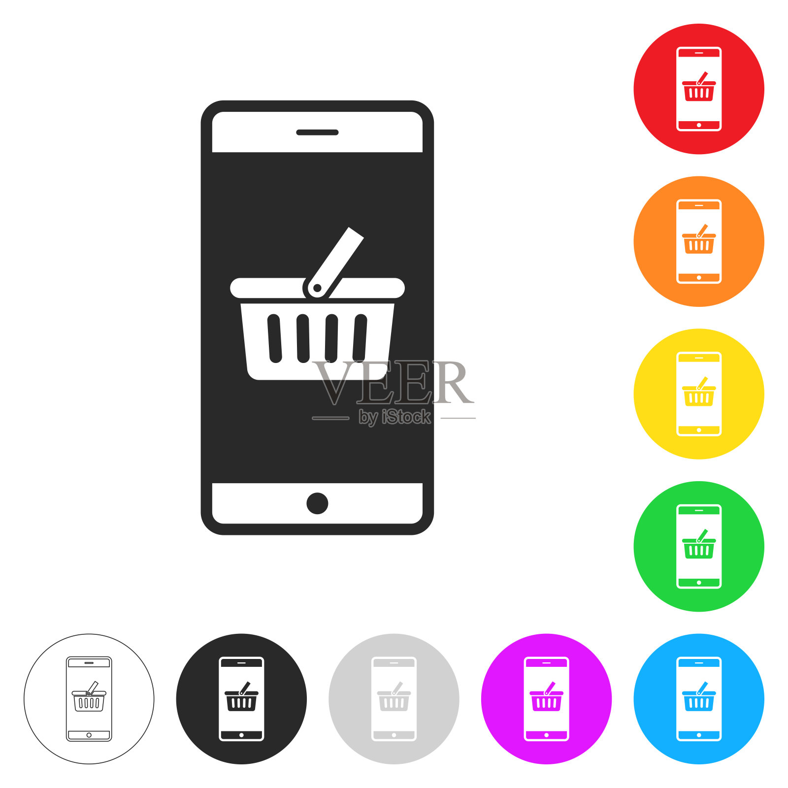 带购物篮的智能手机。彩色按钮上的图标插画图片素材