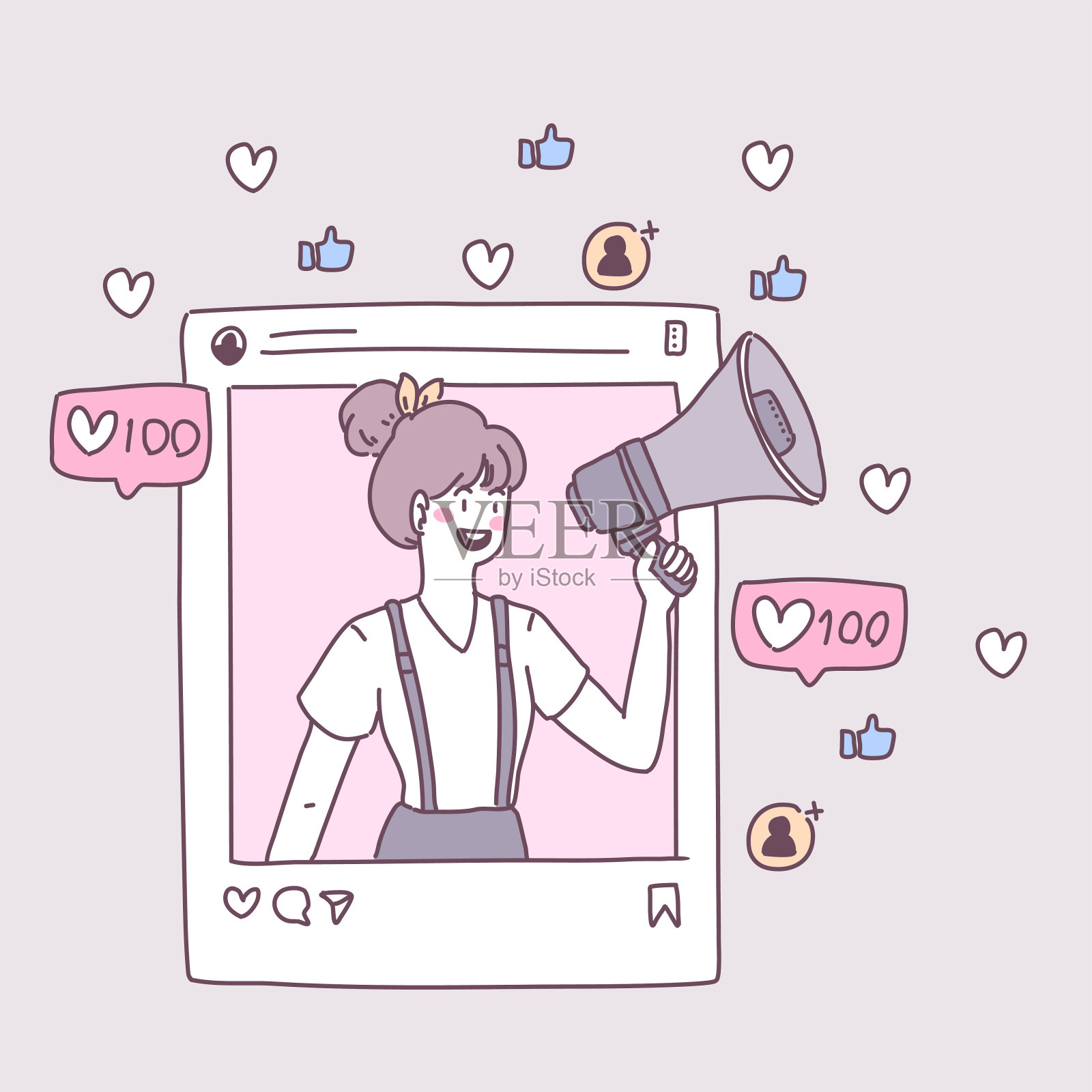 一位年轻女士通过智能手机进行现场直播。插画图片素材