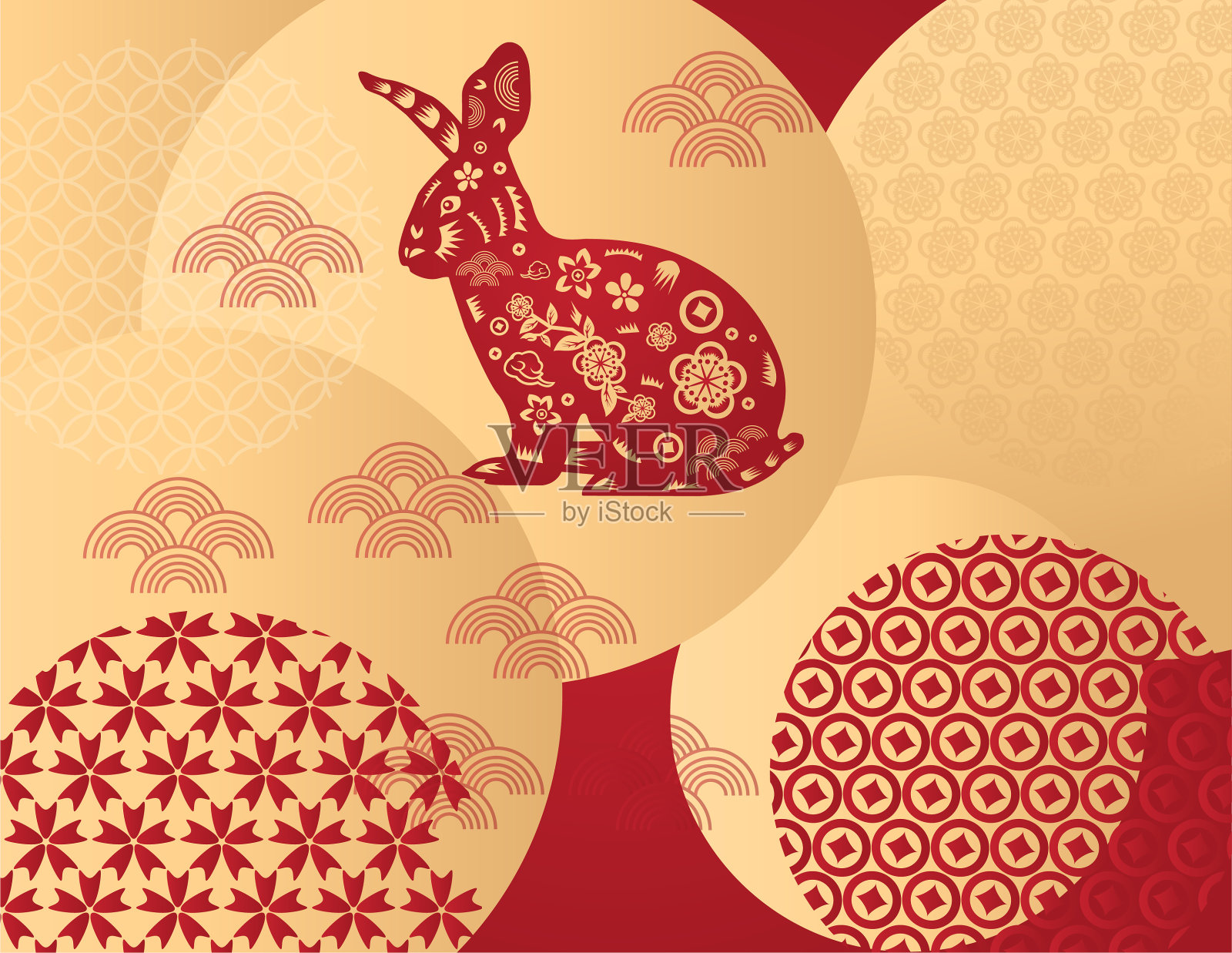 2023年兔年新春快乐剪纸风格背景插画图片素材