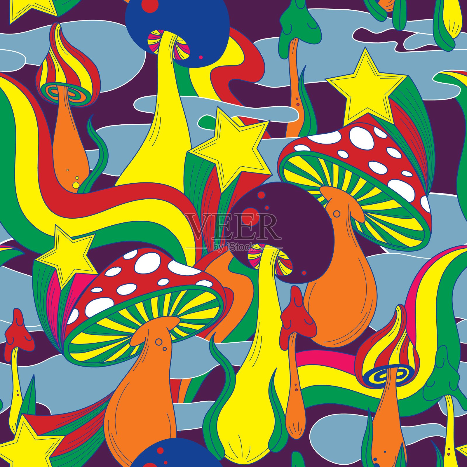 70年代复古风格宇宙迷幻蘑菇无缝图案插画图片素材