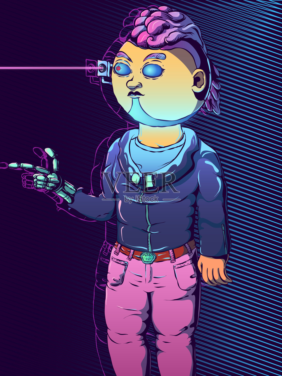 手绘复古未来插画-电子女孩。插画图片素材