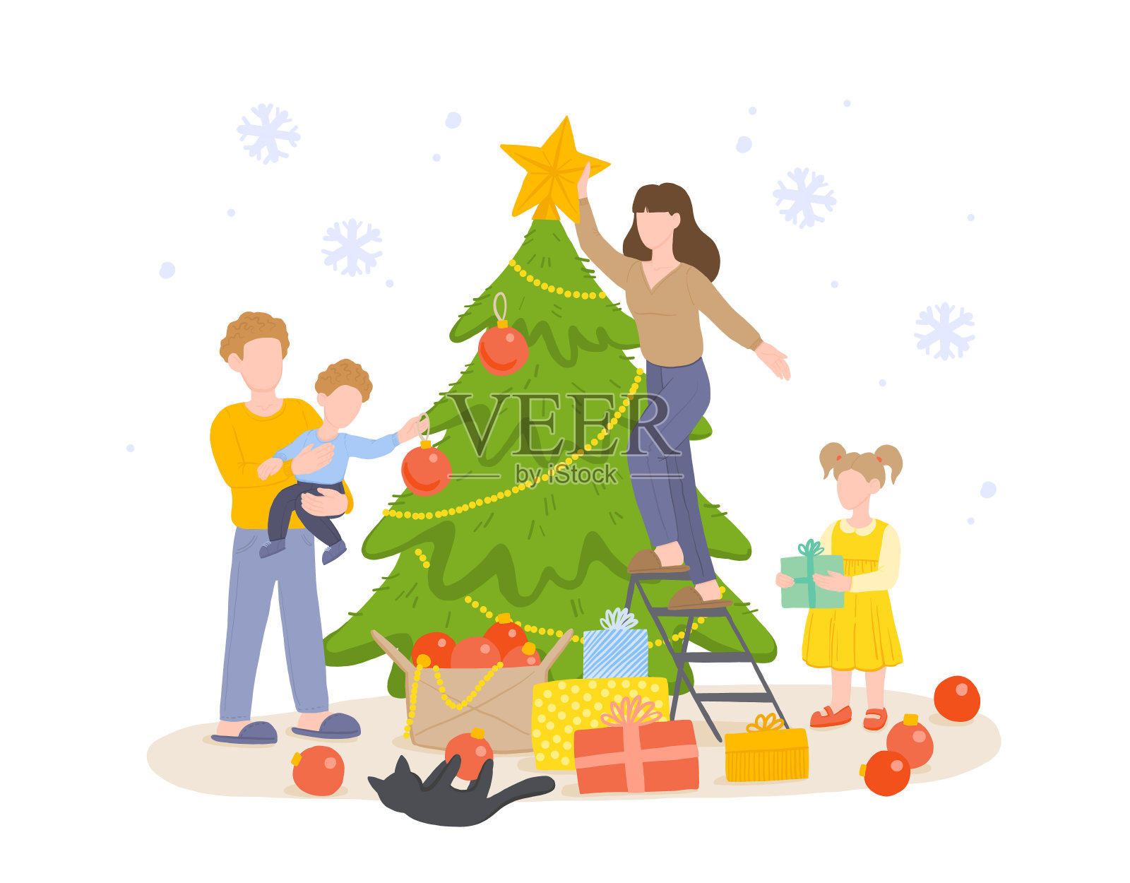 家庭装饰圣诞树和准备圣诞节和新年插画图片素材