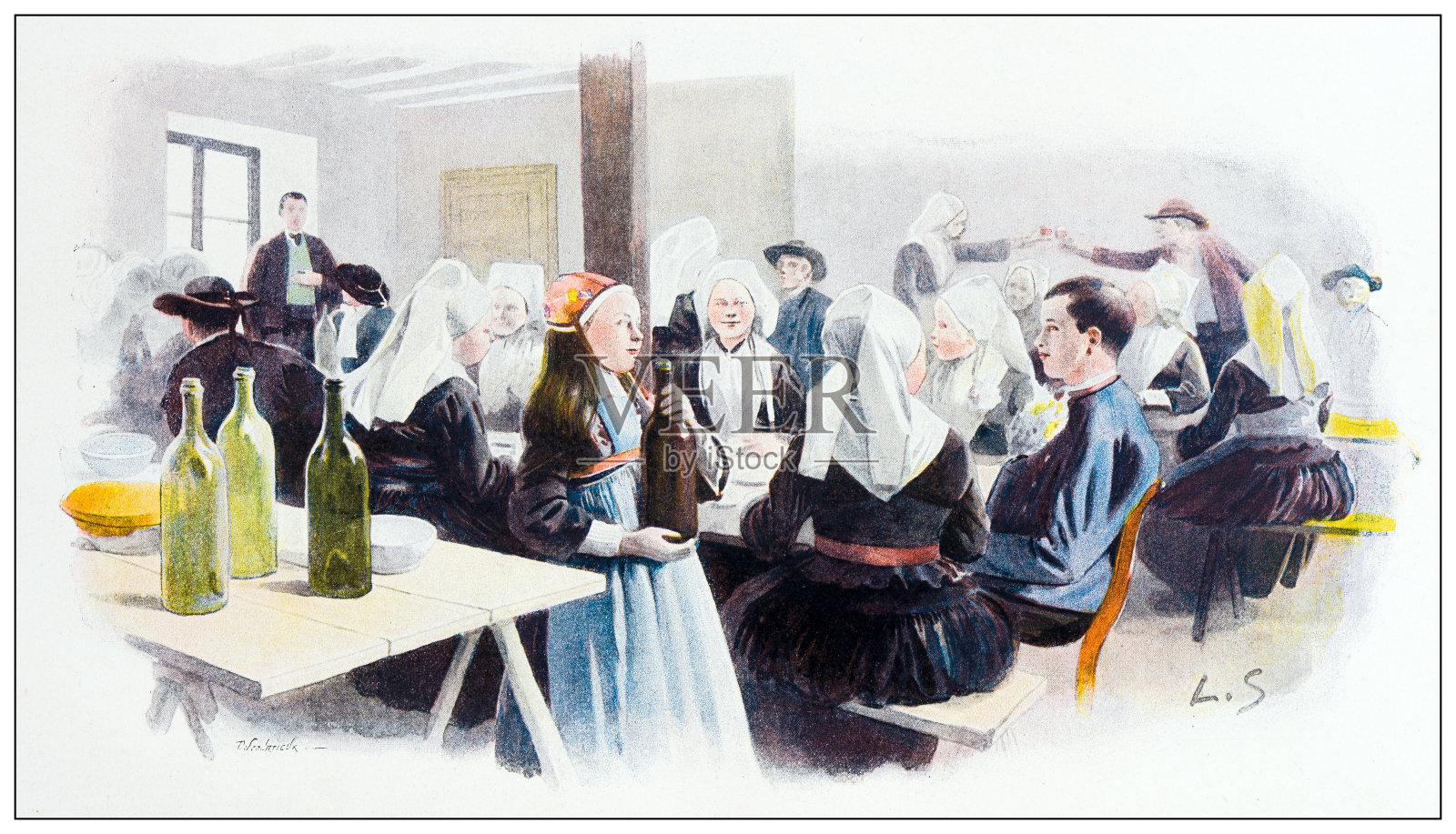 古董插图:婚礼在Plougastel，用餐插画图片素材