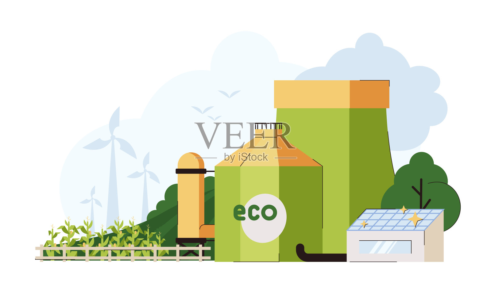 带有玉米田的生物燃料平面生产厂插画图片素材