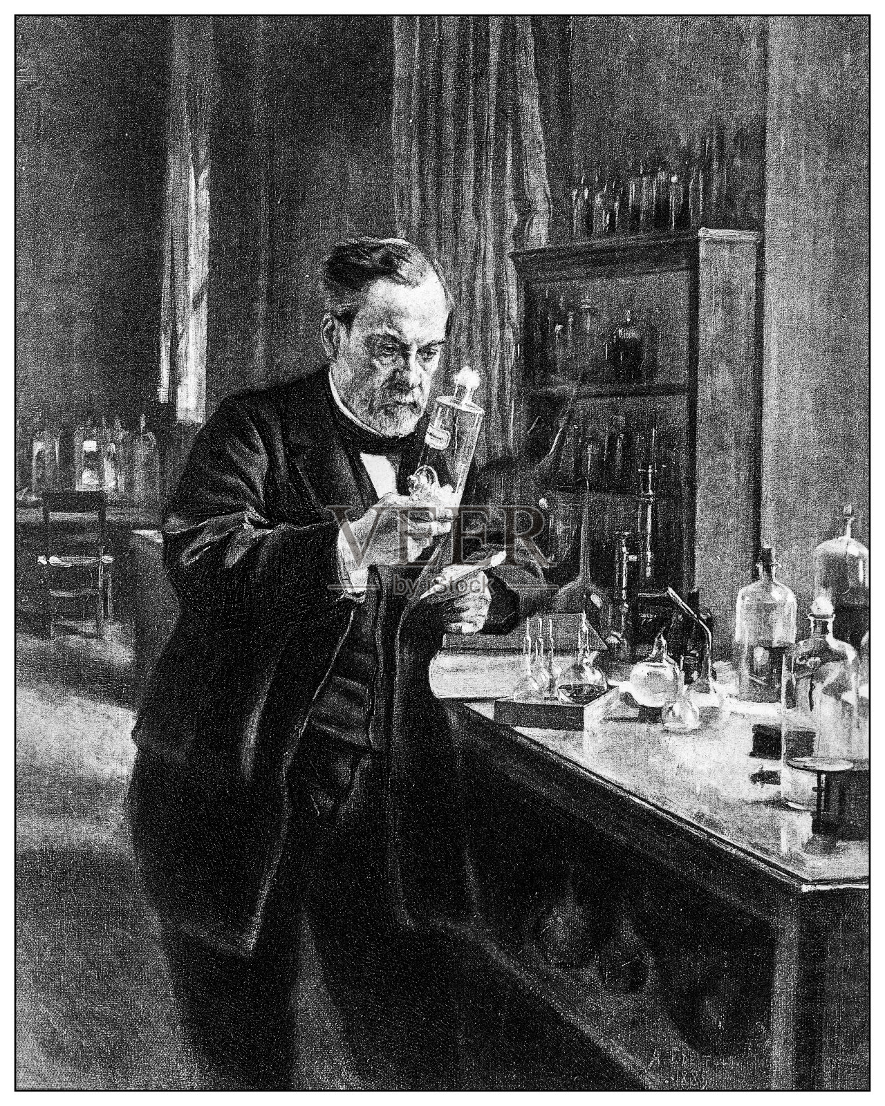 过去重要人物的古董插图:路易巴斯德在他的实验室插画图片素材