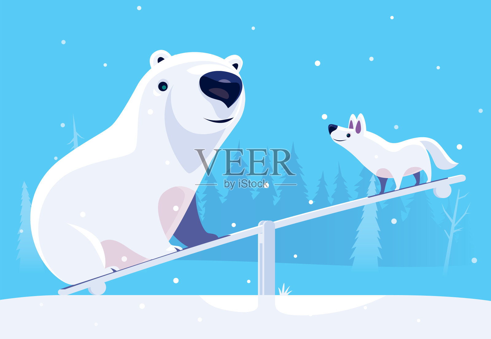北极熊和北极狼在跷跷板上相遇插画图片素材
