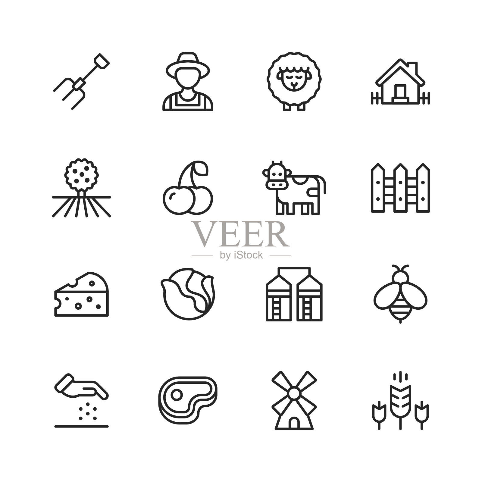 农业行图标。可编辑的中风。像素完美。移动和网络。包含诸如农场，农业，田野，谷仓，动物，拖拉机，蔬菜，水果，生态等图标。图标素材