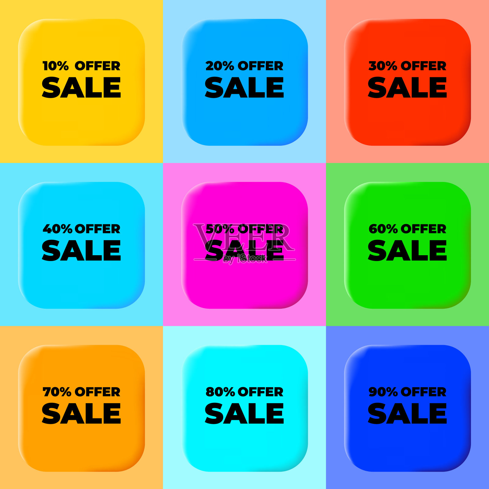 销售标签设置在不同的颜色。3d销售符号。矢量图插画图片素材