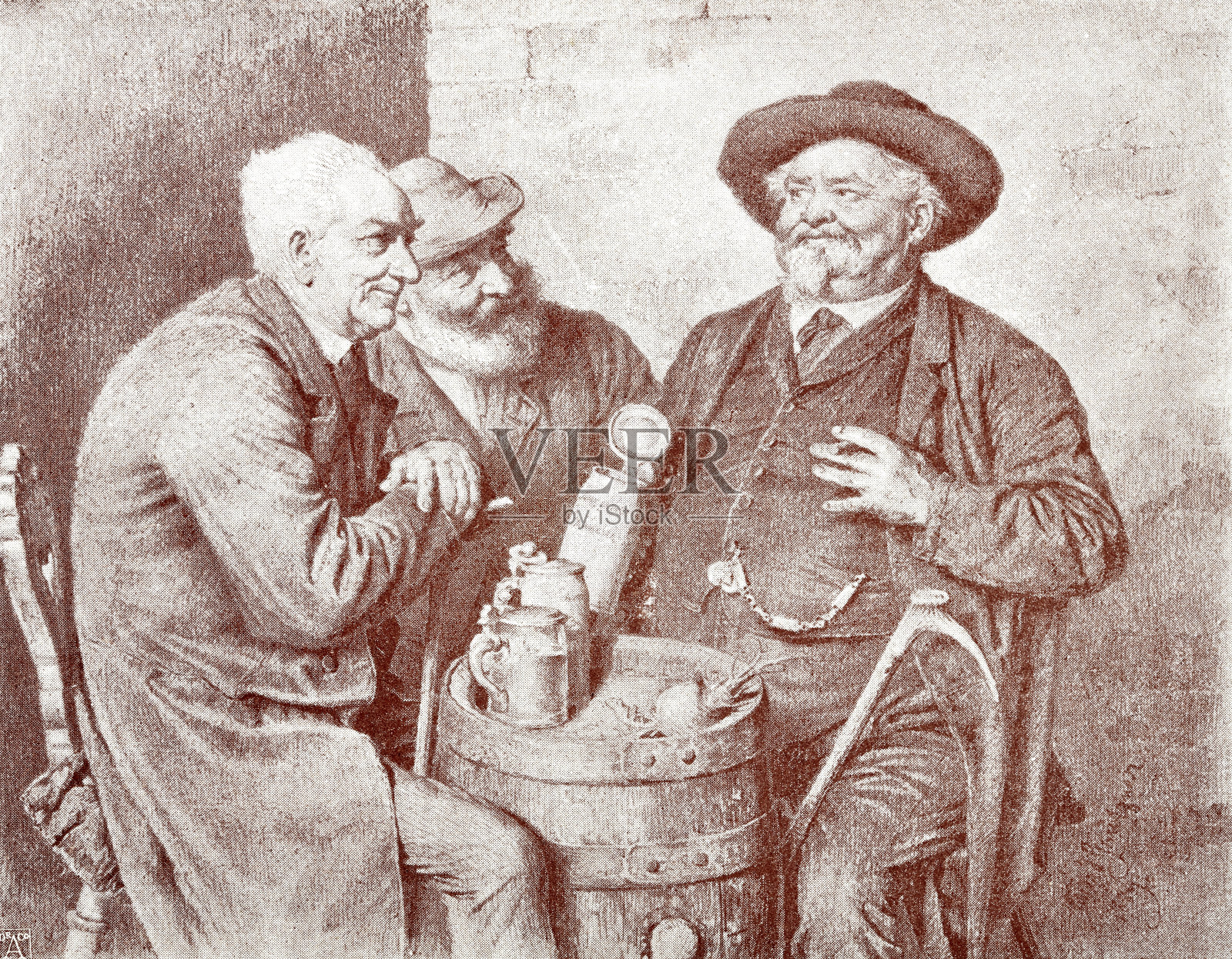三个来自慕尼黑的男人坐在Hofbräuhaus的酒桶桌旁，手里拿着大啤酒杯插画图片素材