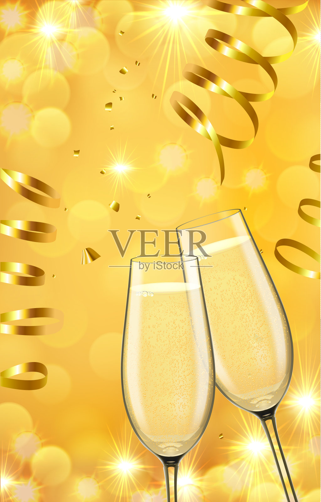 新年金色背景与五彩纸屑和香槟插画图片素材