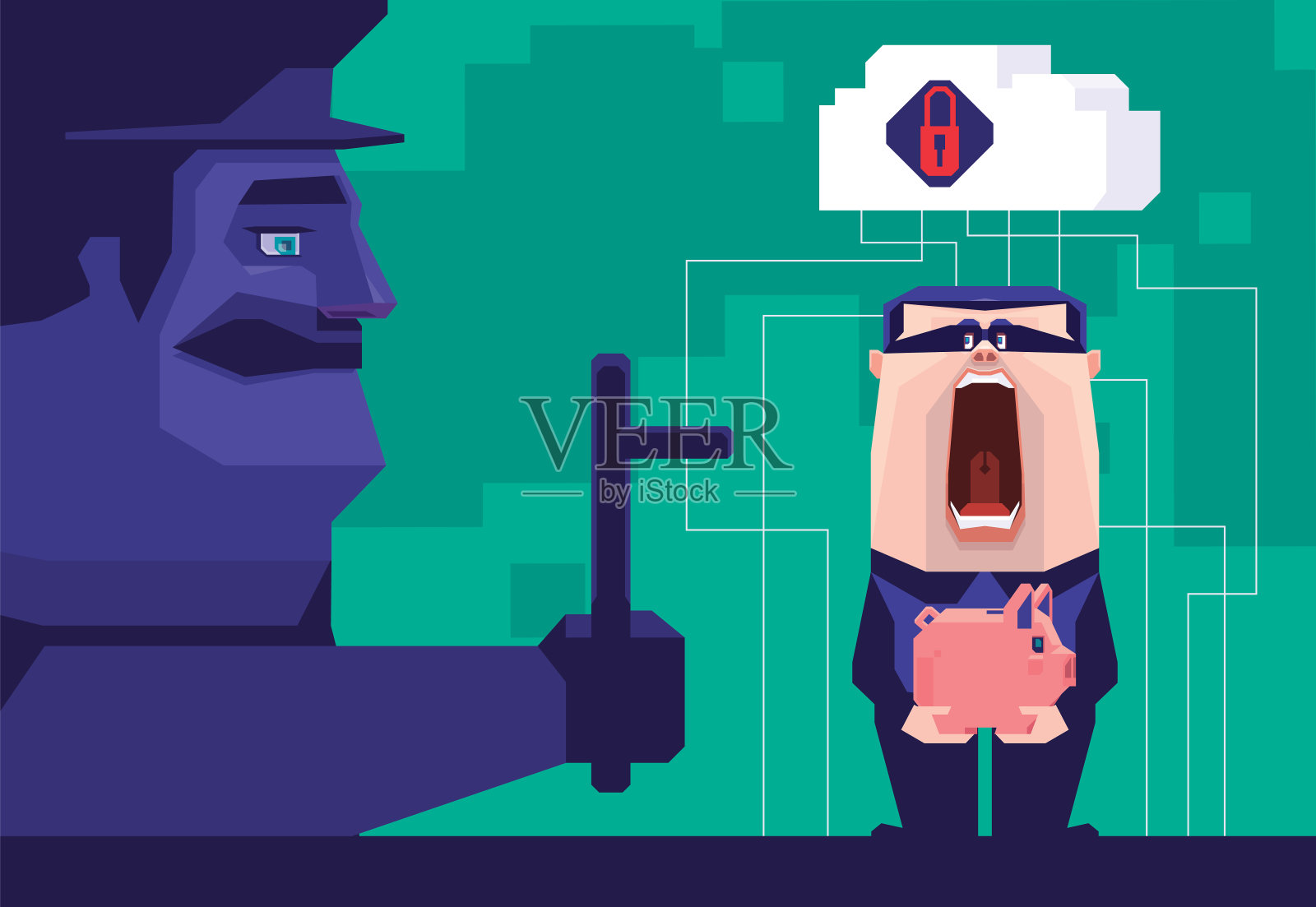 骗子尖叫着，和武装保安抱着储蓄罐插画图片素材