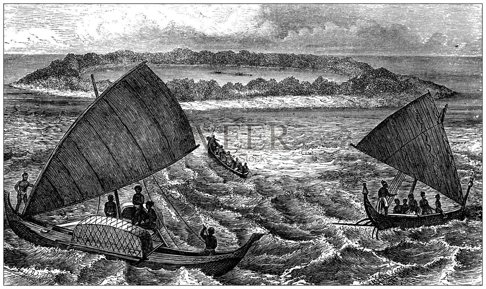 古董插图、民族志和土著文化:马里亚纳群岛船只插画图片素材