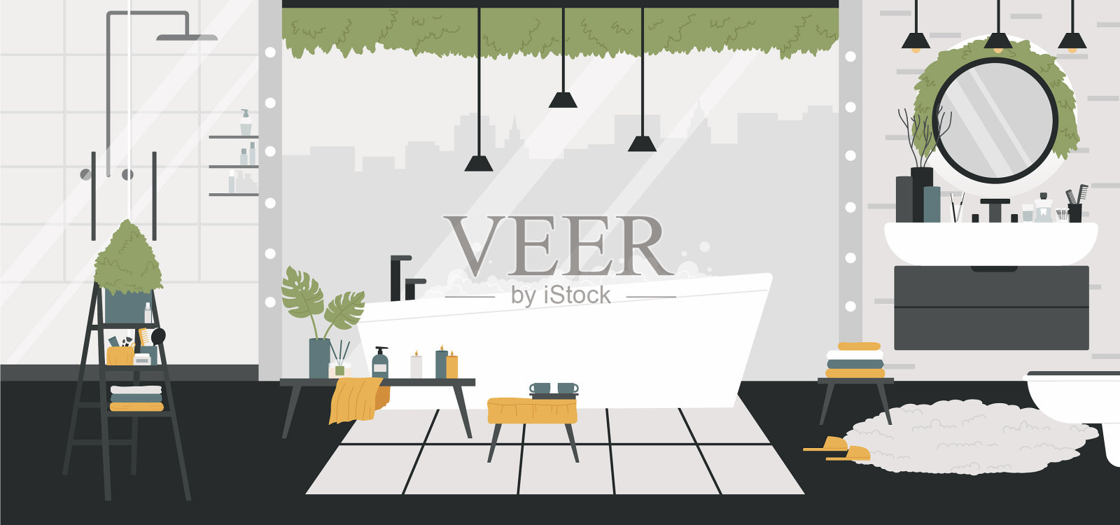 浴室房子内部房间与家具家插画图片素材